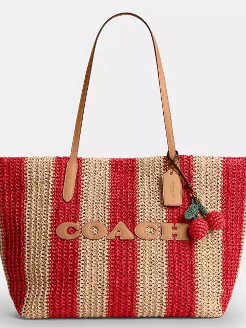 Coach Red and Natural Striped Crochet Tote with Leather Handles